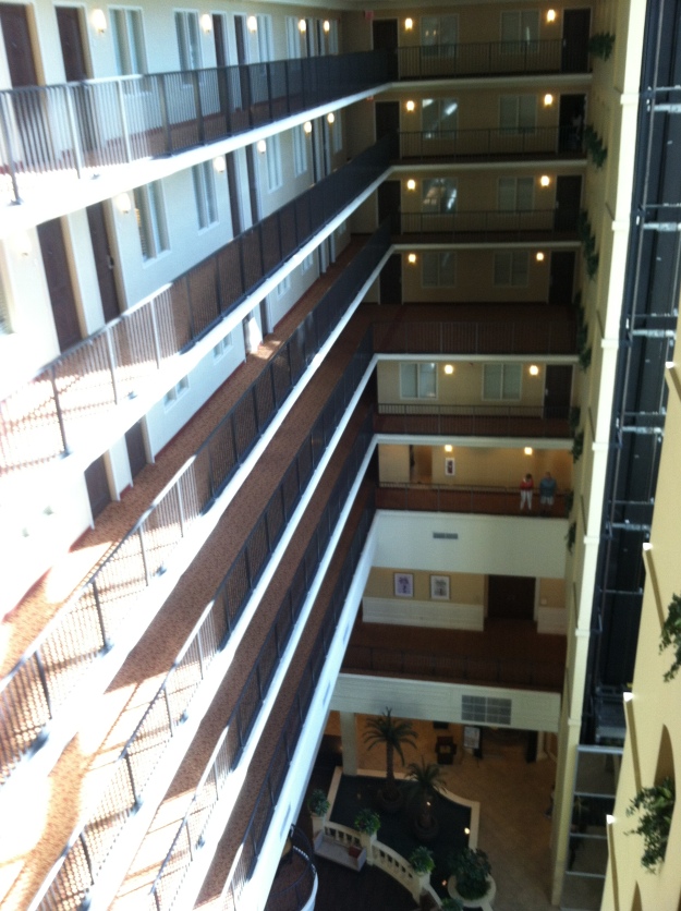 View of the atrium from the eighth floor.  It almost gives me vertigo. 